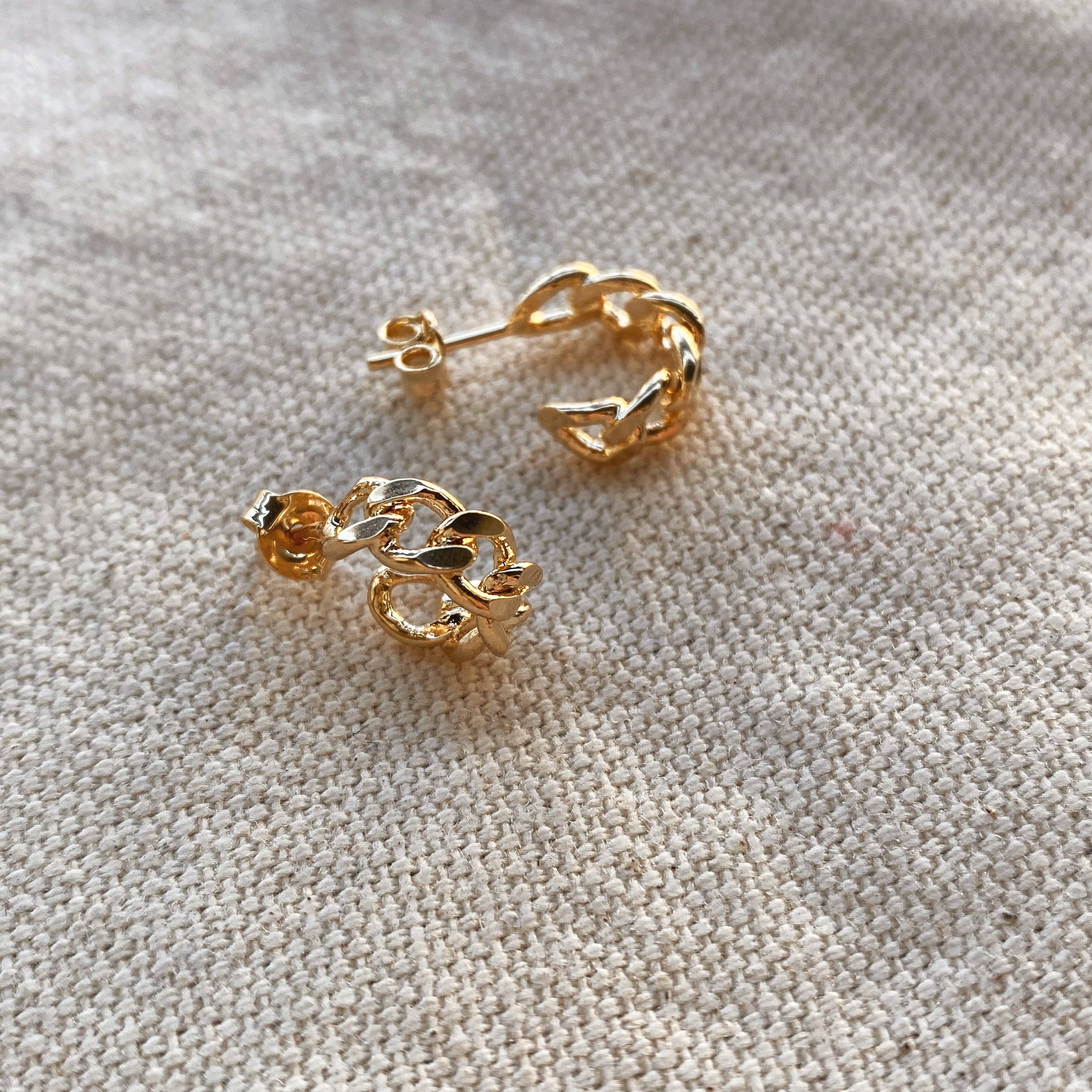Petite C-hoop Earrings with Cuban Chain • 18k Gold Filled