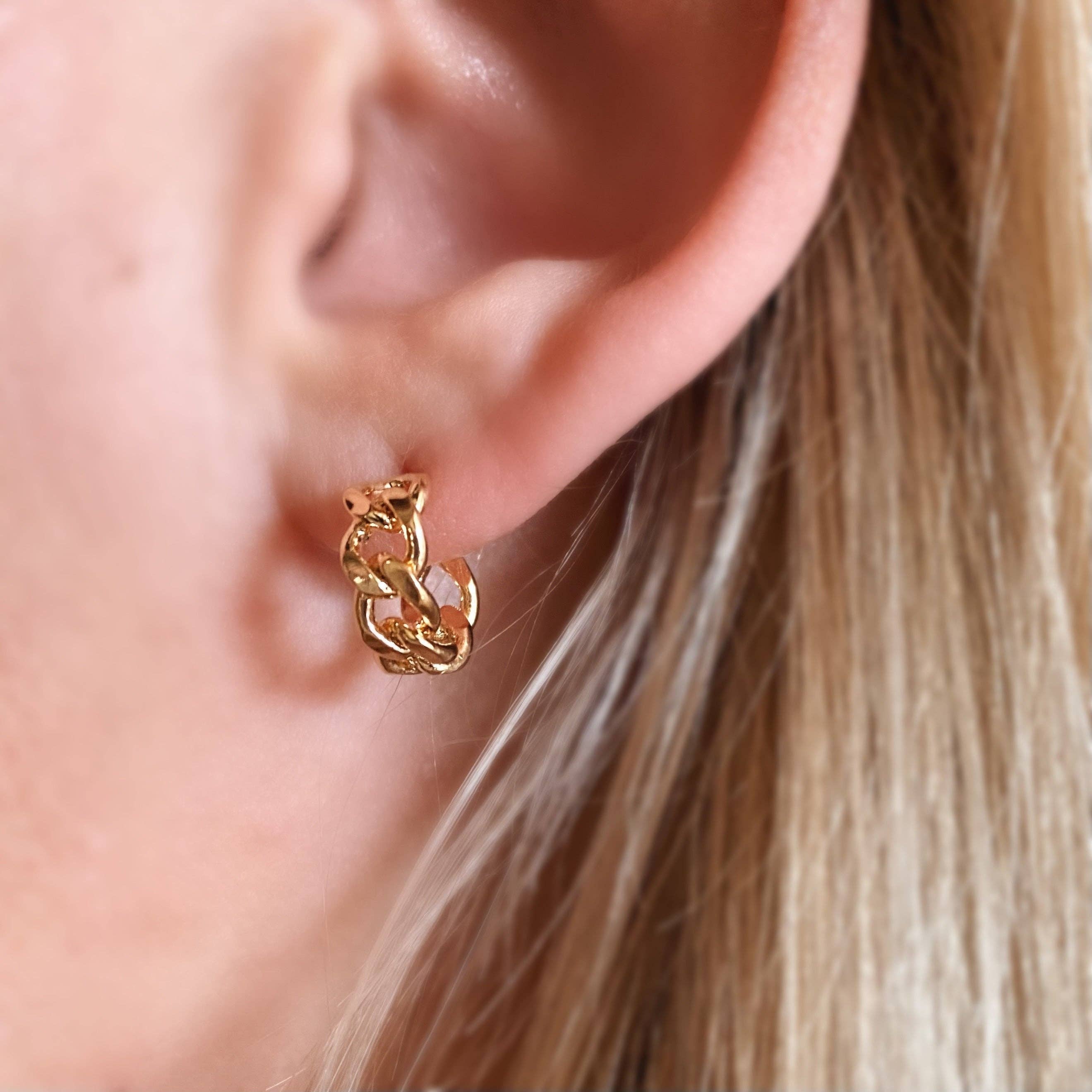 Petite C-hoop Earrings with Cuban Chain • 18k Gold Filled