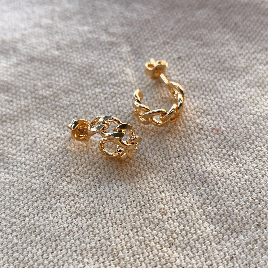 Petite C-hoop Earrings with Cuban Chain • 18k Gold Filled
