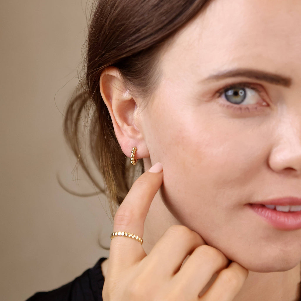 Mini clicker hoop earrings with tiny beads • 18k Gold Filled